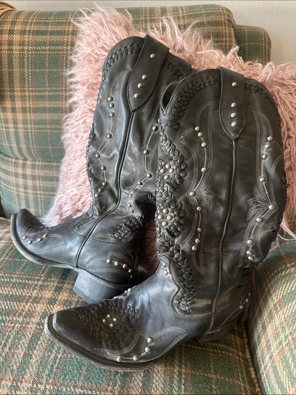Black Studded Braided Western Boots - Brand Not Visible